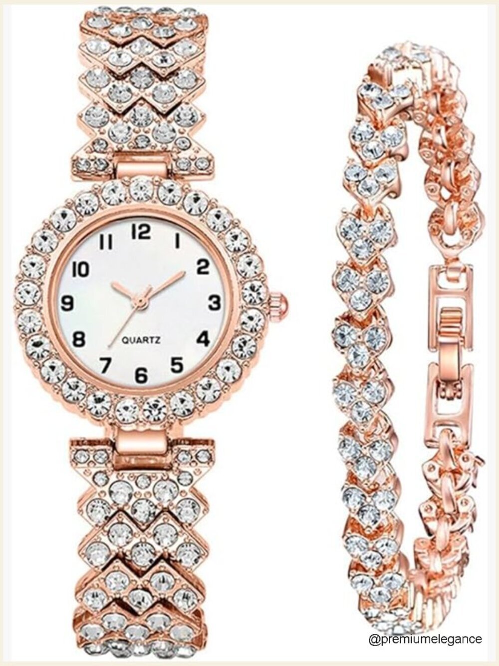 Luxury Diamond Dial Quartz Wrist Watch Set with Bangle Bracelet